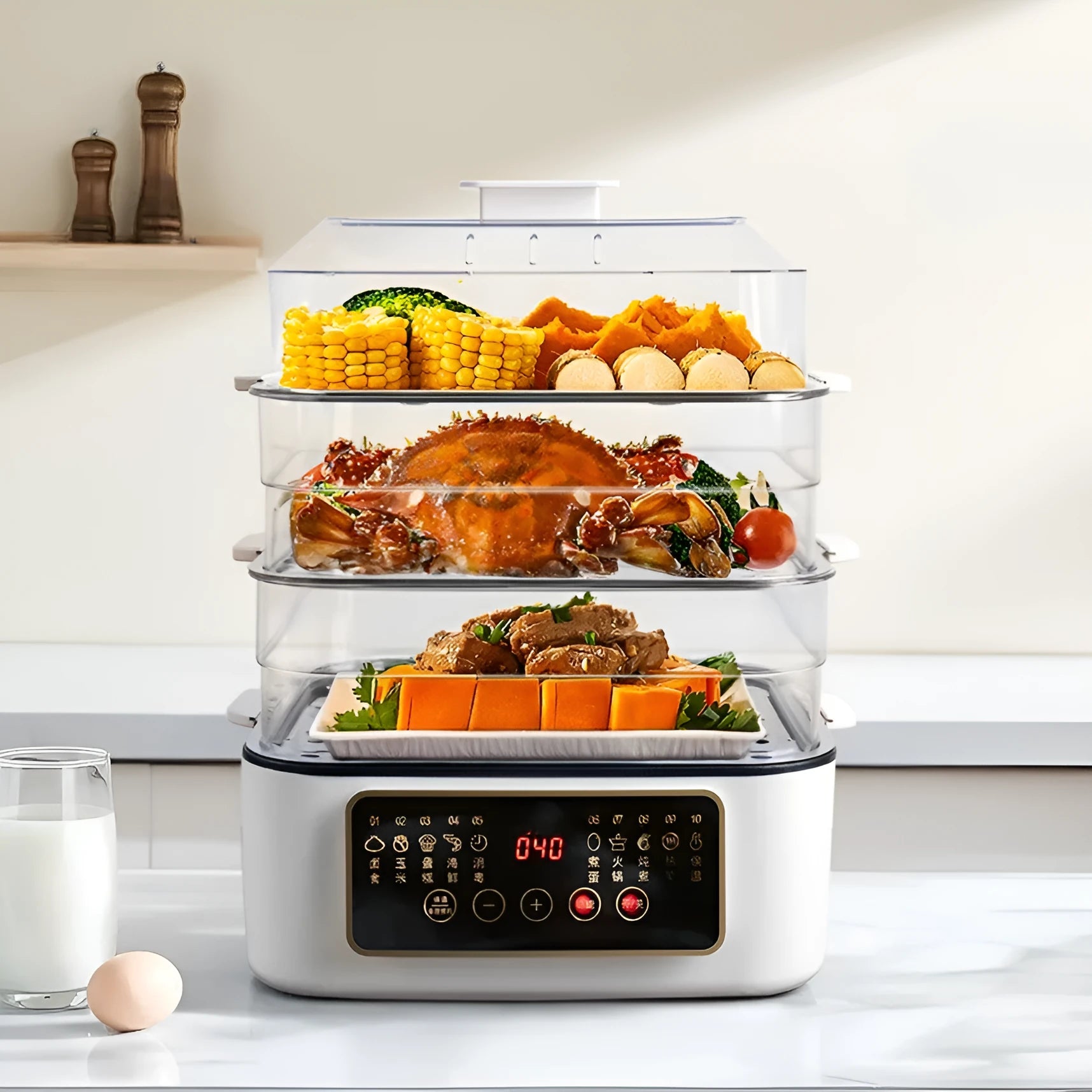 Electric household steamer with stainless steel rack and 800W power rating