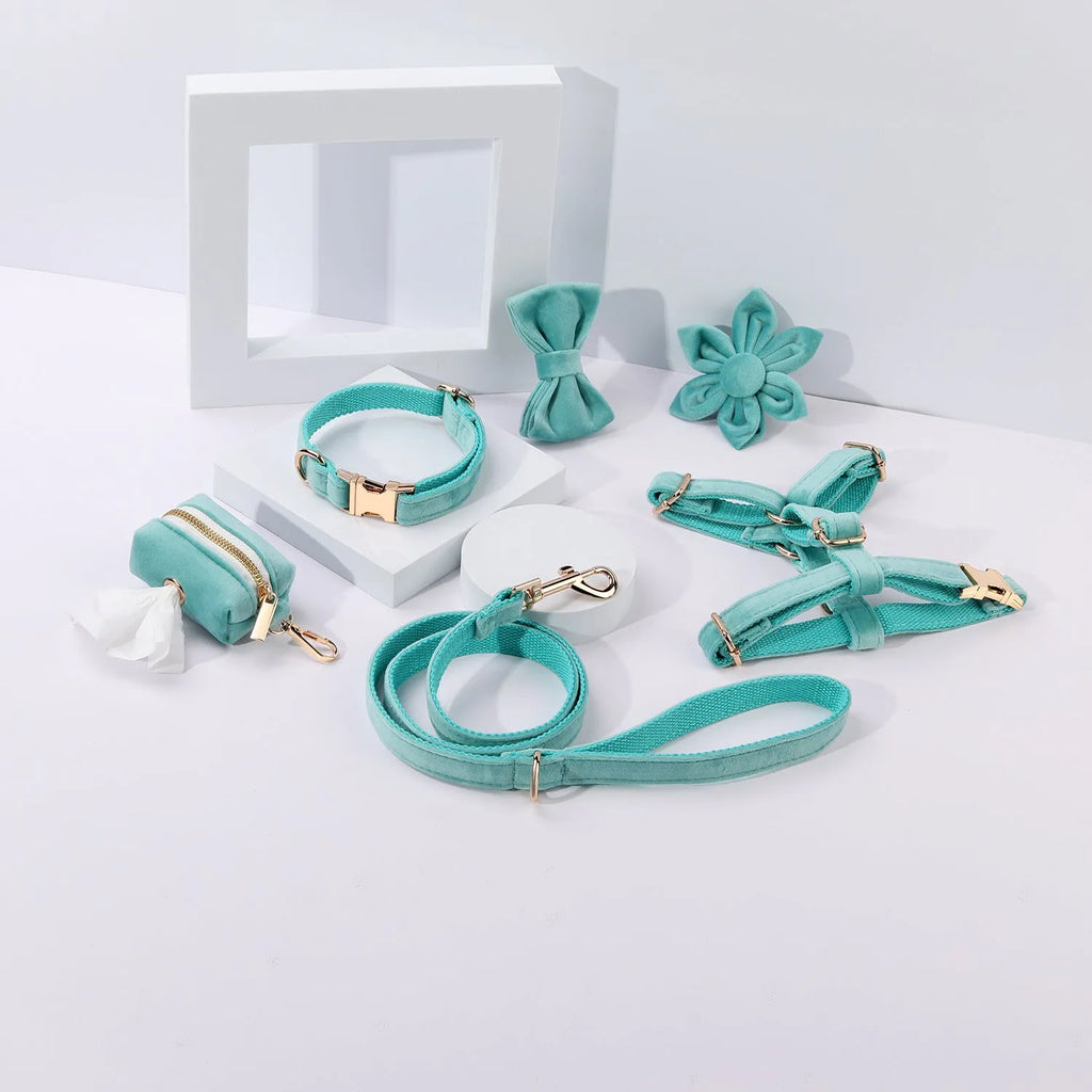 Velvet pet collar and traction rope set with chest strap and bow tie accessory
