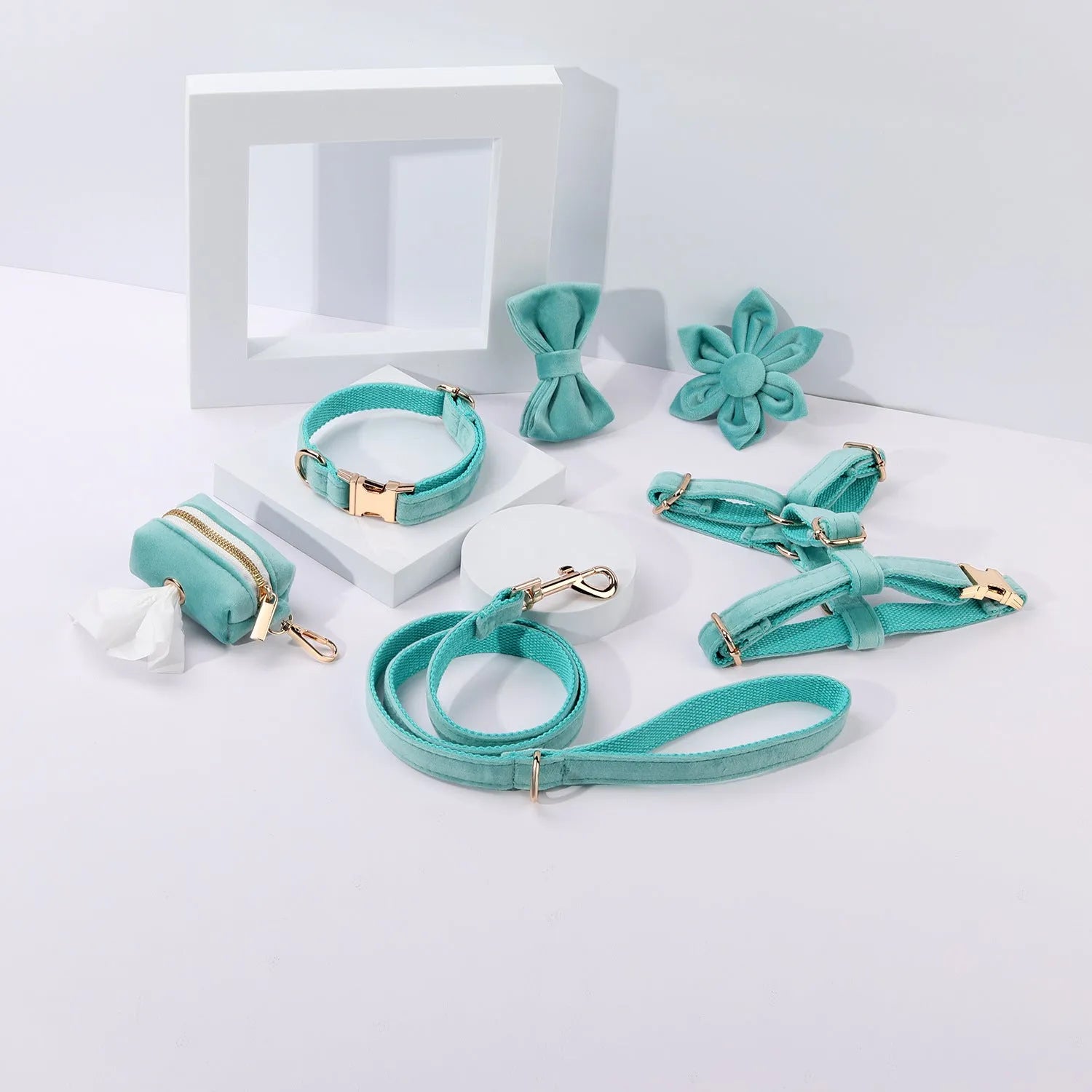 Velvet pet collar and traction rope set with chest strap and bow tie accessory