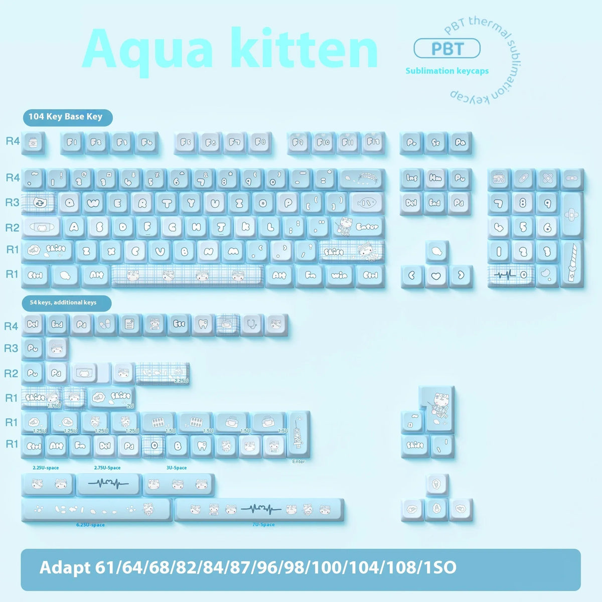 Watercolour cat themed PBT keyboard keycaps set with 138 or 158 keys for mechanical keyboards.