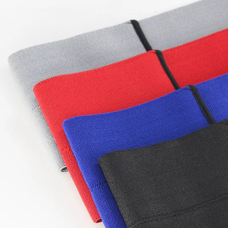 Elastic elbow bandage for fitness and boxing support in black, blue, gray, and red colours.