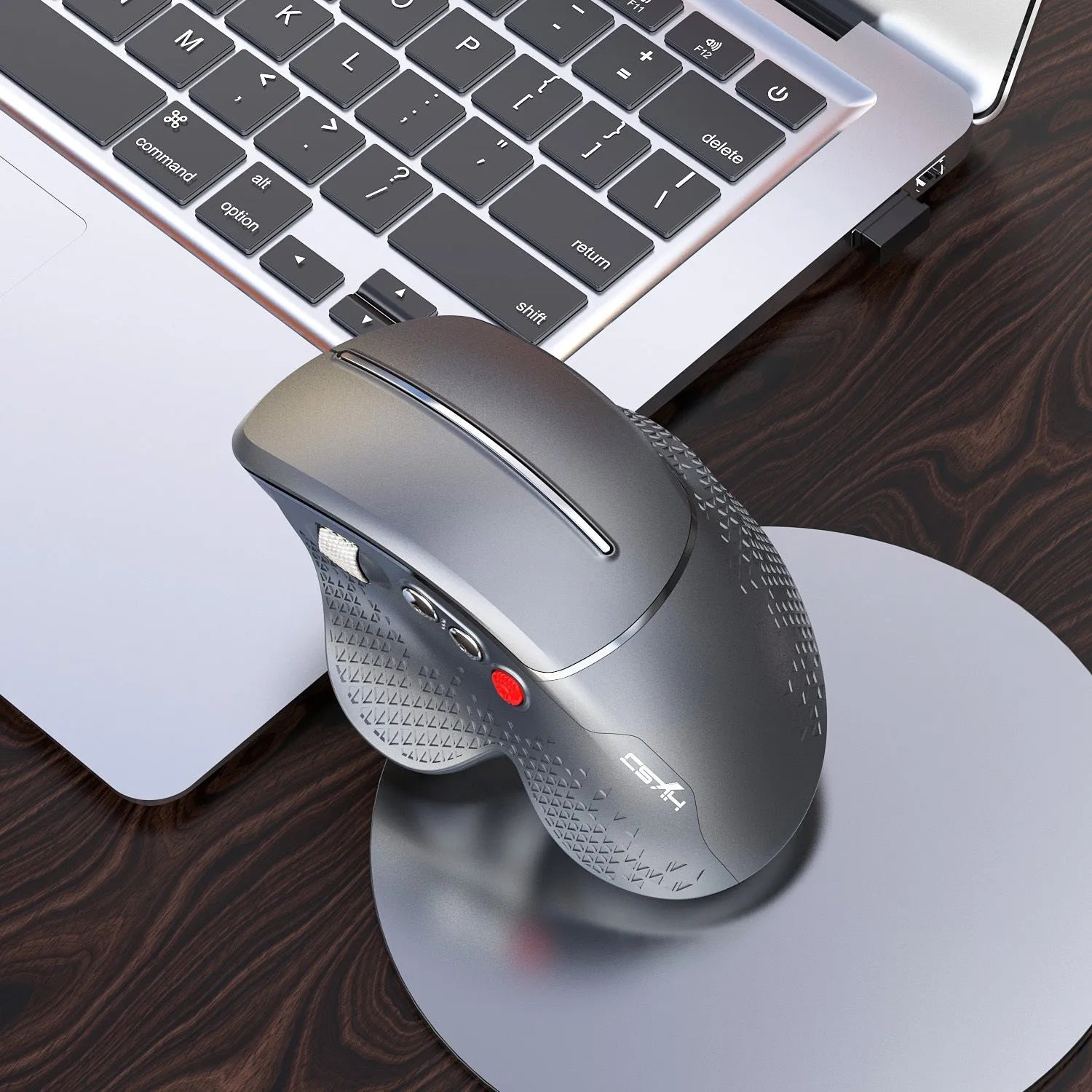 T32 Wireless Vertical Ergonomic Mouse in black or silver with aluminium side roller.