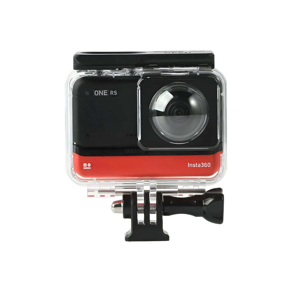 Transparent waterproof housing for Insta360 One RS panoramic camera showing internal dimensions