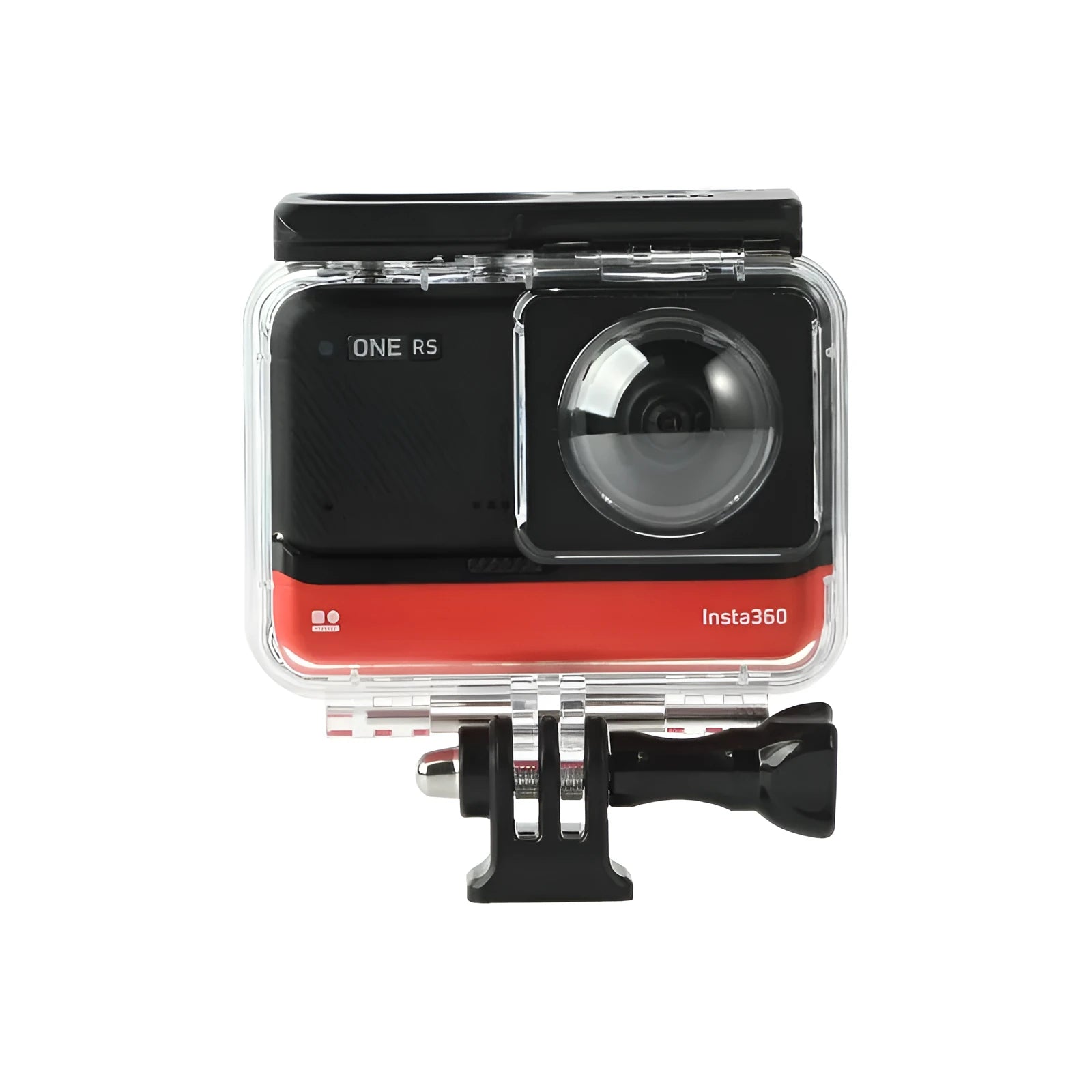 Transparent waterproof housing for Insta360 One RS panoramic camera showing internal dimensions