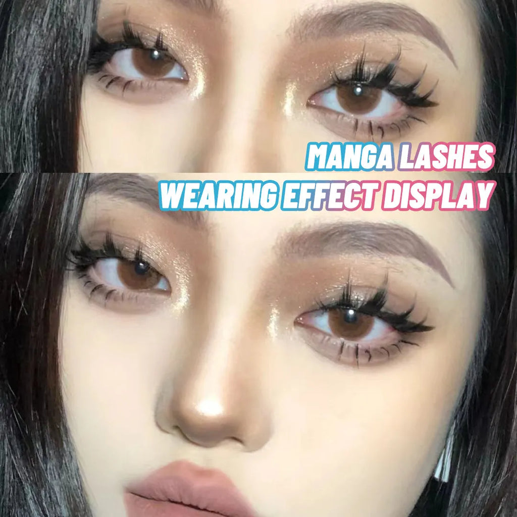 Set of manga-style false eyelashes showing natural wispy styles 007, 008, and 009 on black plastic bands.