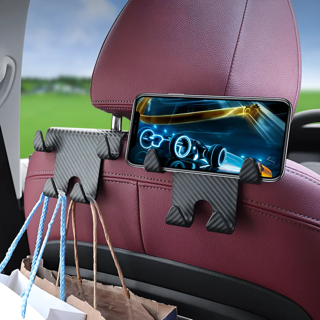 Black ABS car hook bracket with integrated mobile phone holder and storage hooks for rear seat organisation
