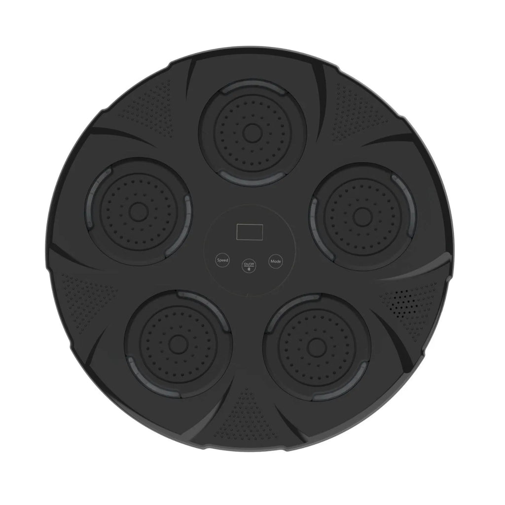 Wall-mounted smart boxing trainer with lit LED targets on black ABS plastic surface.