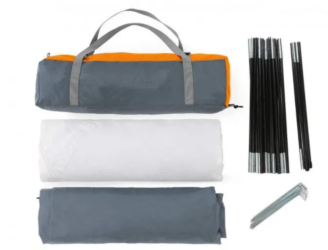 Orange 2-person camping tent with fibreglass poles, 1000 mm waterproof index, packed size 42 x 15 x 15 cm