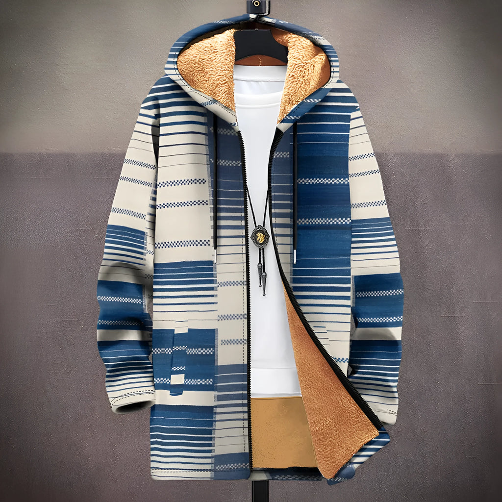 Men's loose fit hooded cardigan with zip front in multicolour printed pattern