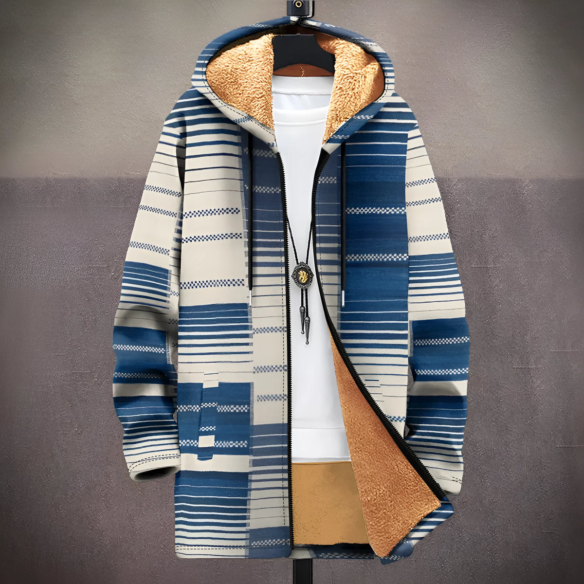 Men's loose fit hooded cardigan with zip front in multicolour printed pattern