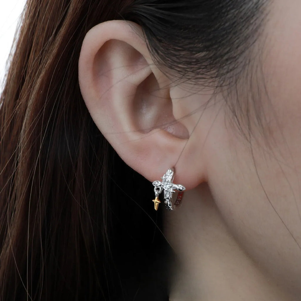 925 sterling silver geometric cross earrings with electroplated white gold finish and round elements