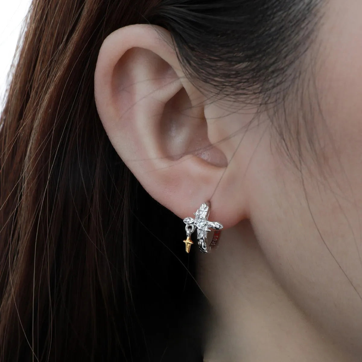 925 sterling silver geometric cross earrings with electroplated white gold finish and round elements