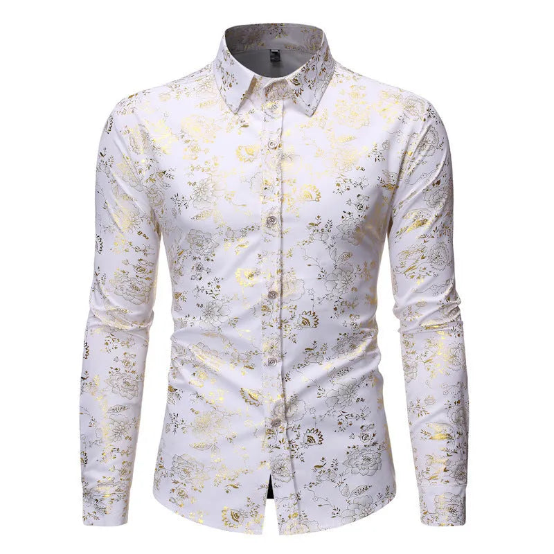 Men's metal bronzing printed lapel shirt in polyester elastic fabric available in four colours