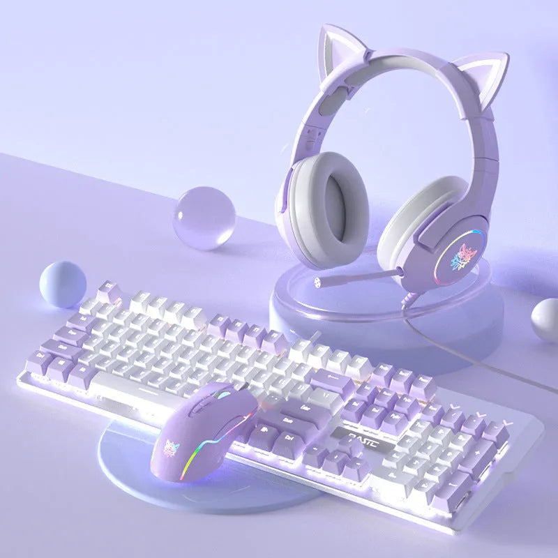 Purple and white mechanical keyboard and mouse wired set with backlight illumination