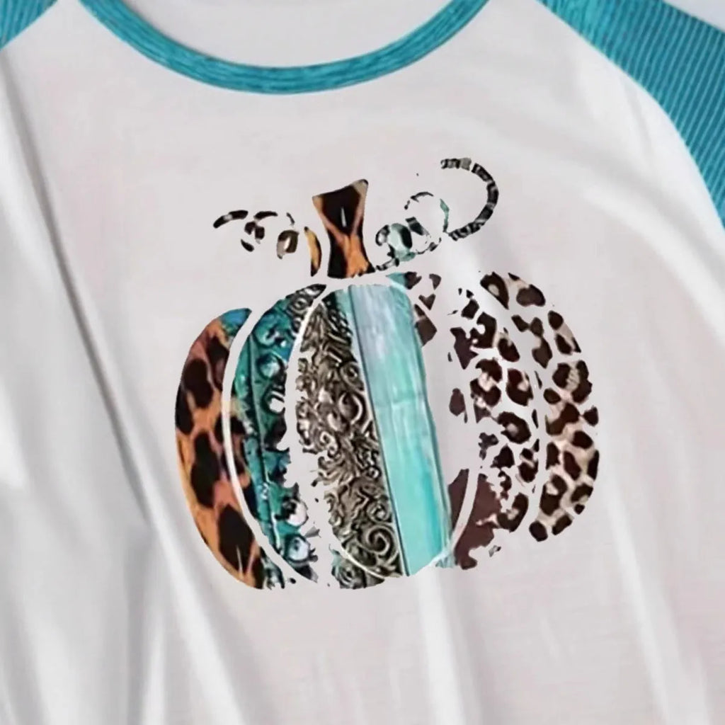 Sky blue Halloween T-shirt with 3D printed pumpkin design, long sleeves and regular fit