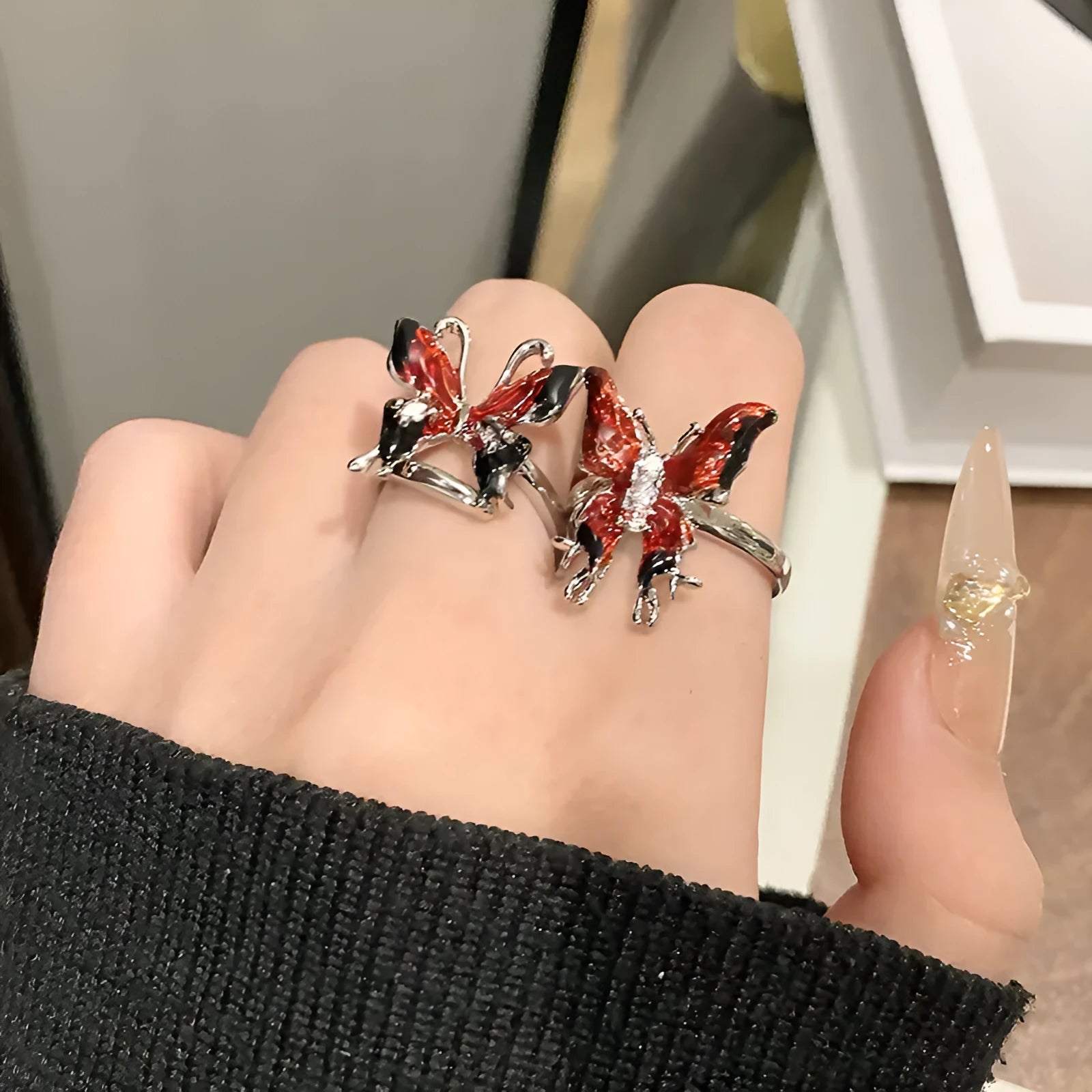 Copper butterfly ring for women with Chinese design and oil drip finish texture