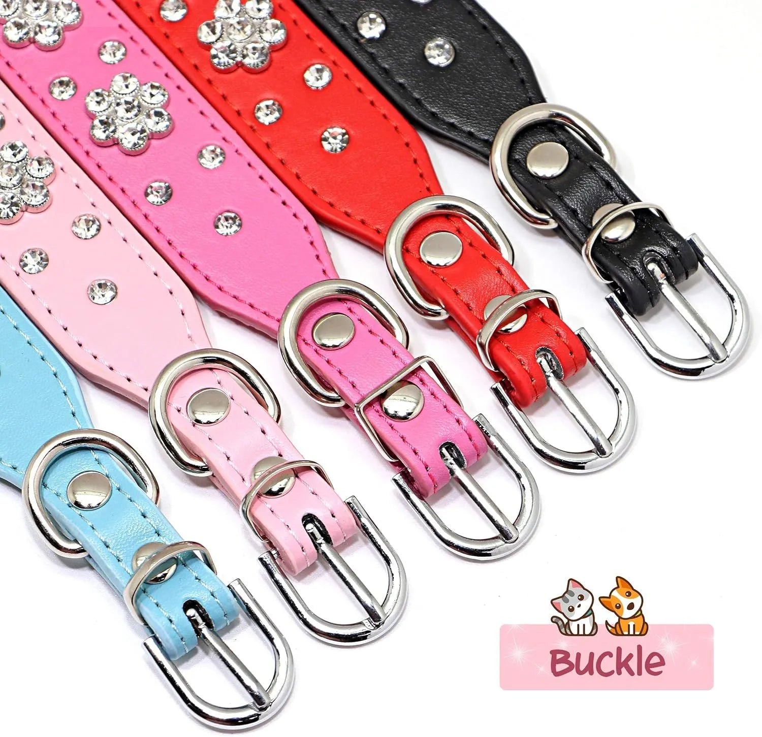 Close-up of a black PU leather dog collar with silver rhinestone flowers and studs, showing the metal D-ring.