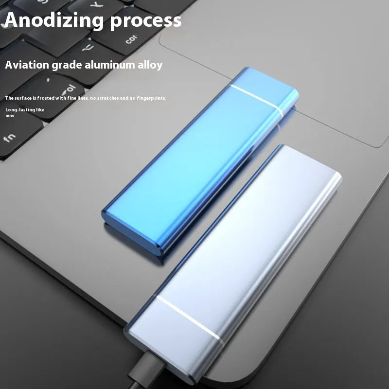 Sapphire Blue portable external hard drive with metal shell measuring 10.3cm with included data cable