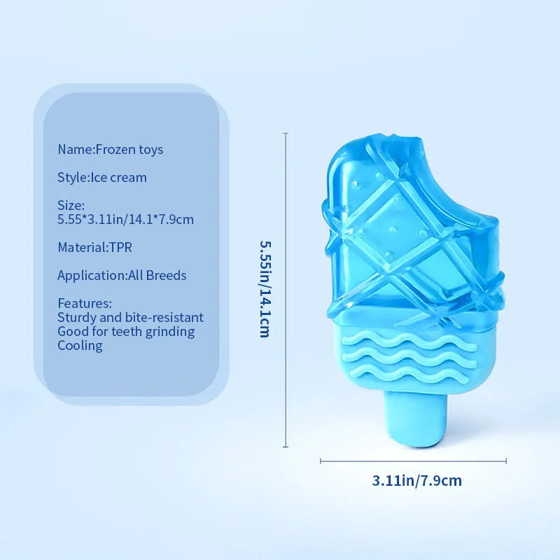 Three water-filled dog toys: a blue pacifier, a multicoloured popsicle, and an orange ring for freezing and chewing.
