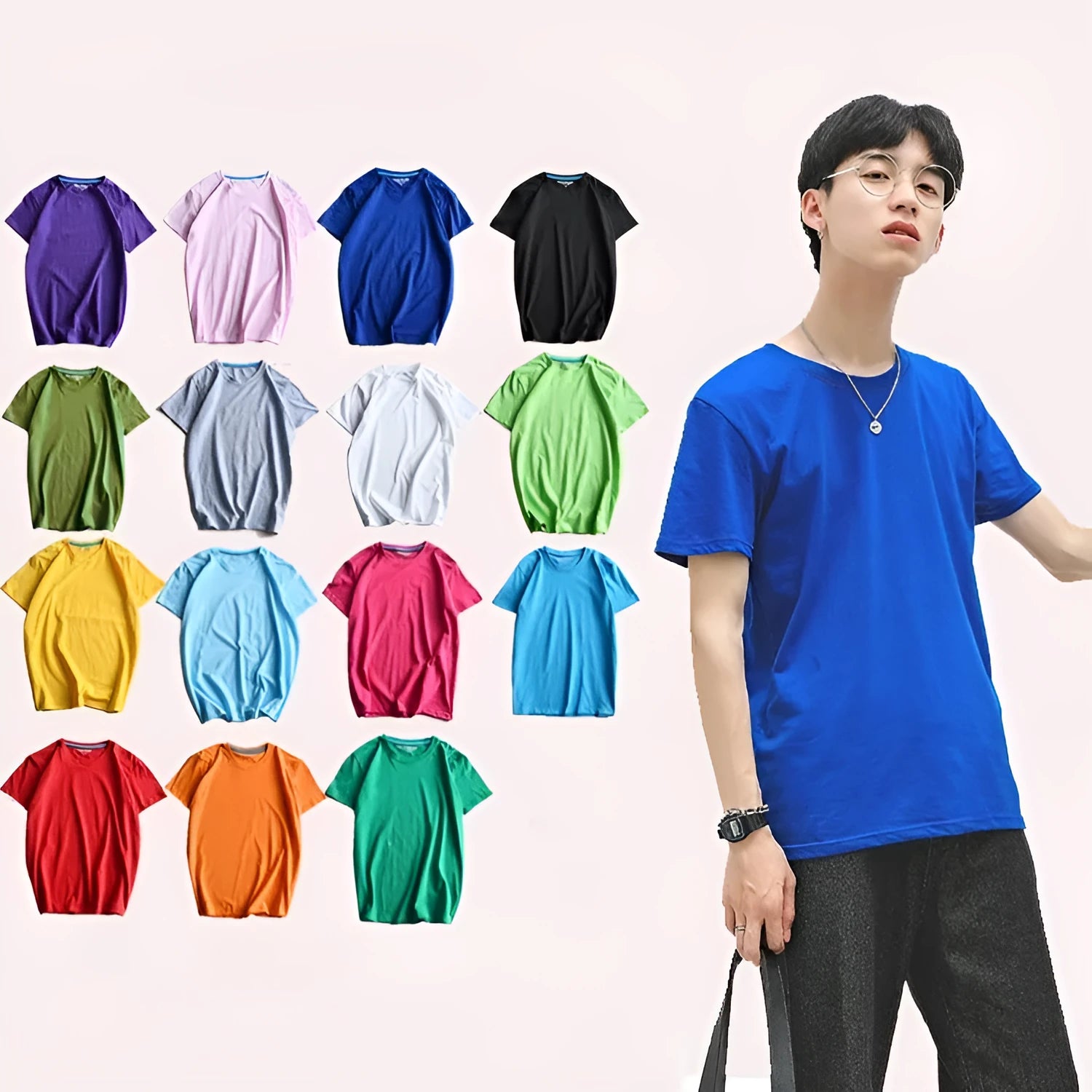 Men's solid colour cotton T-shirt with round neck and short sleeves in multiple colour options