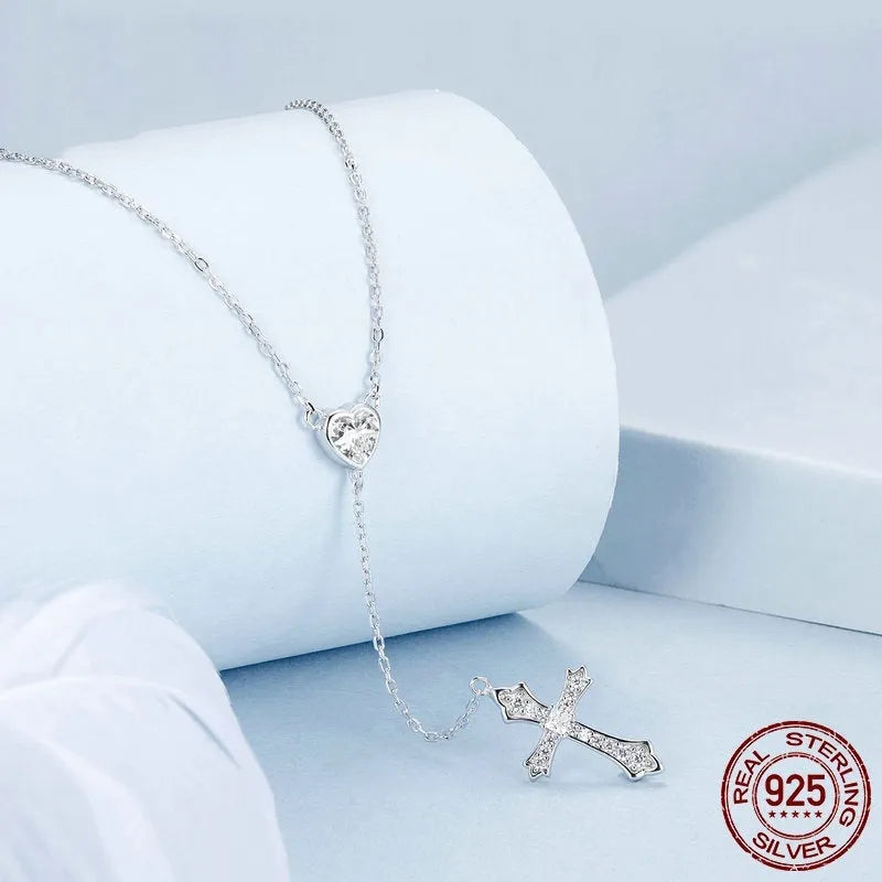Women's 925 silver V-neck love cross necklace with O-ring chain in colour BSN384
