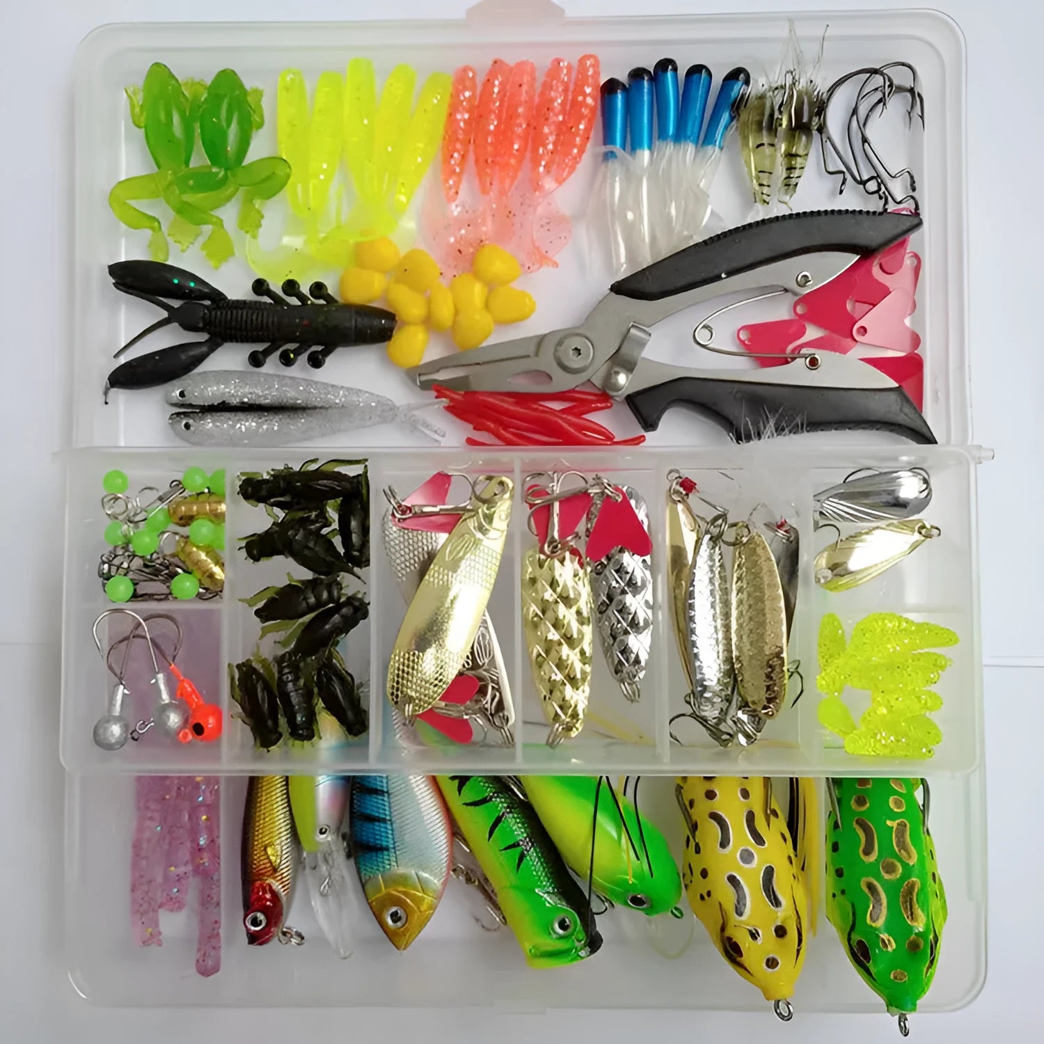 142-piece fishing lure set showing metal hard minnow lures, plastic sequin baits, and fishing pliers