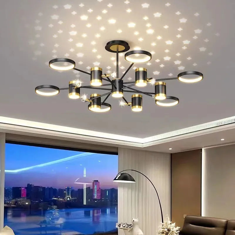 Black iron star-shaped ceiling chandelier with thirteen LED heads and a remote control.