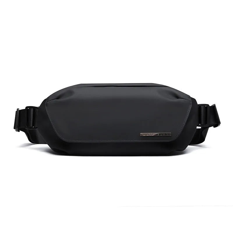 Black Oxford cloth messenger bag for men with visible stitching, shown for one-shoulder carry.