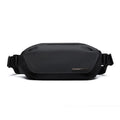 Black Oxford cloth messenger bag for men with visible stitching, shown for one-shoulder carry.