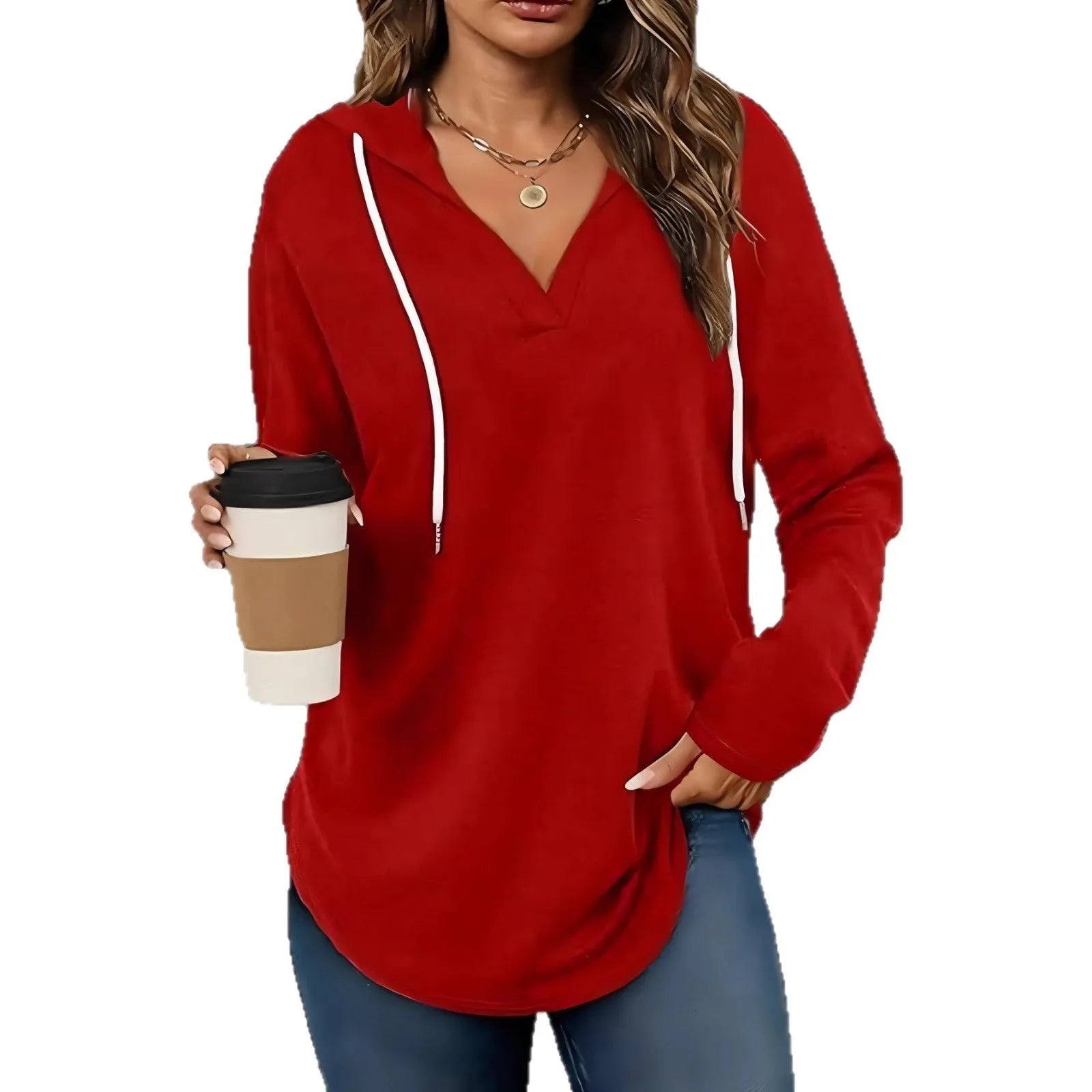 Women's red hooded V-neck sweatshirt with long sleeves and loose fit