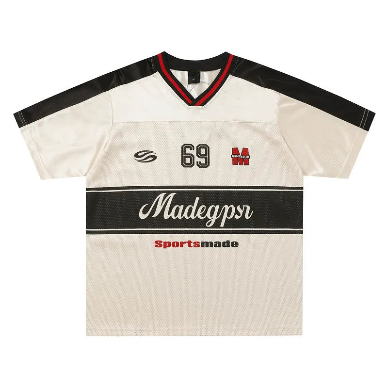 Apricot V-neck sports jersey pullover with loose fit and drop-shoulder sleeves