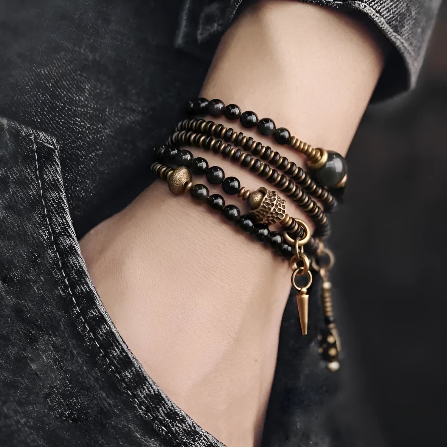 Black geometric multi-layered beaded bracelet with colourful retro beads and adjustable fit