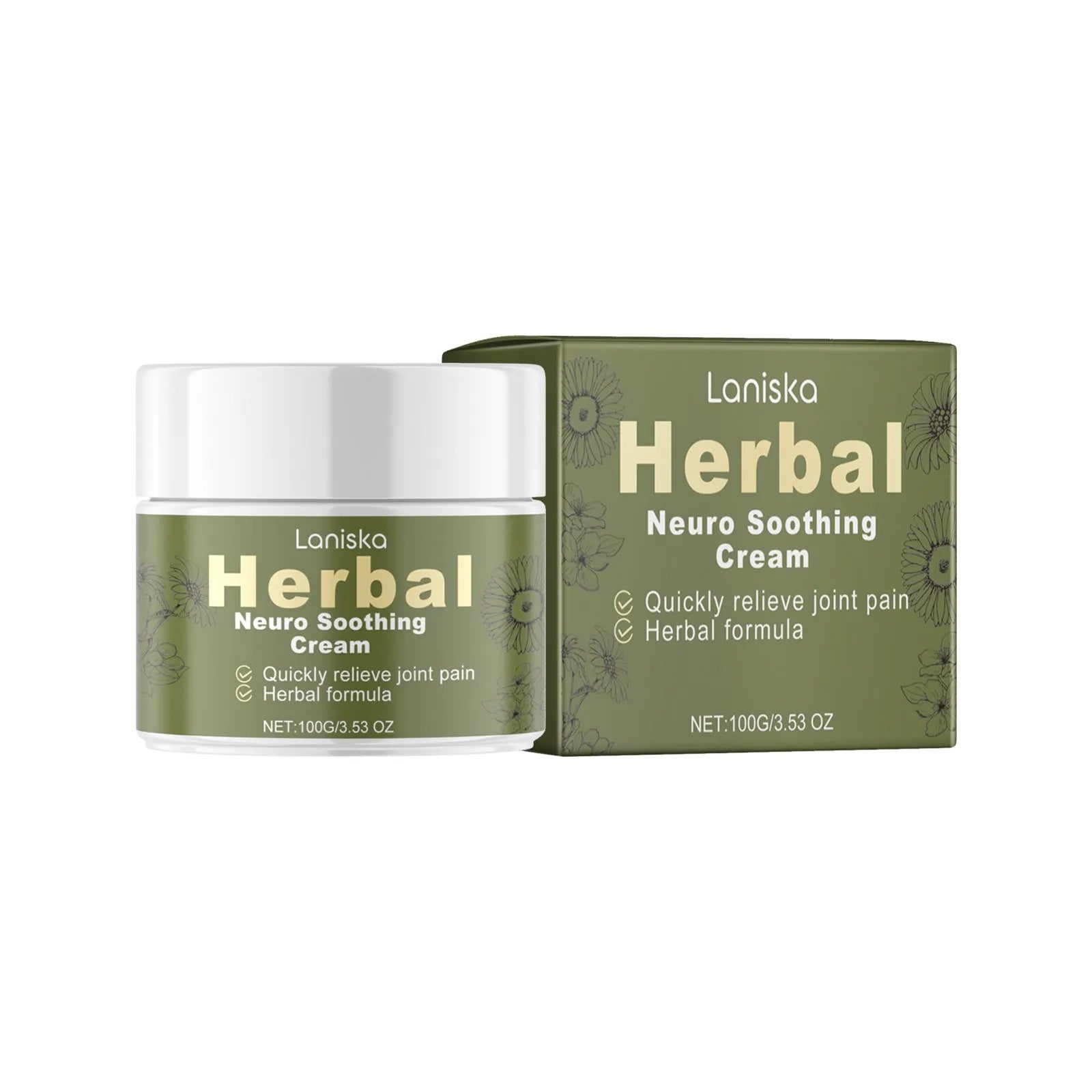 100g jar of botanical body care cream with arnica, pepper, and mugwort root extracts.