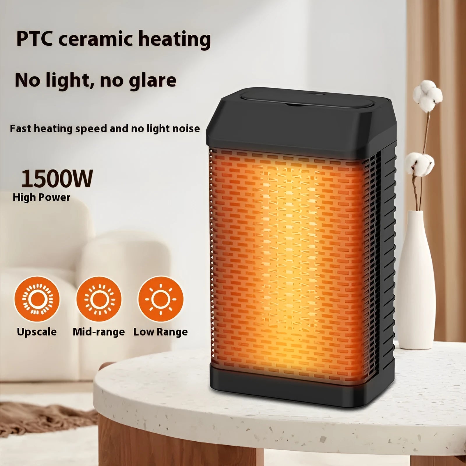 Black remote control desktop space heater with digital display on a wooden desk.