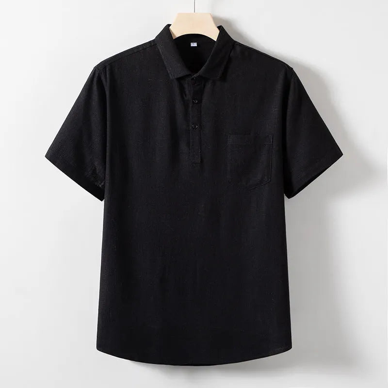 Men's linen blend short sleeve t-shirt with loose lapels in solid colours