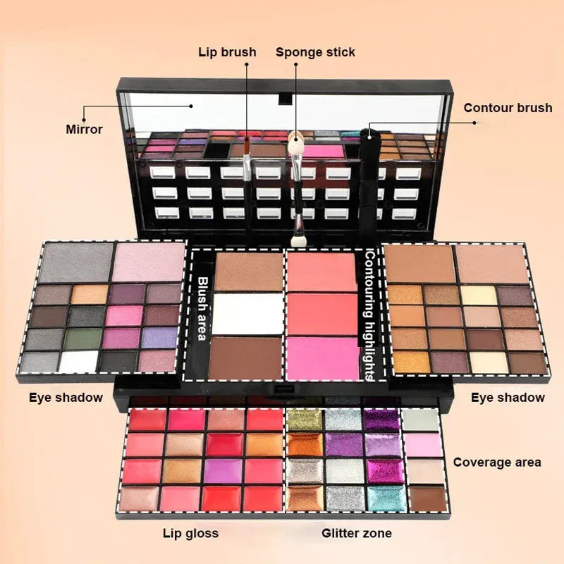 74 colour makeup combination plate with four layers, mirror, and included brushes