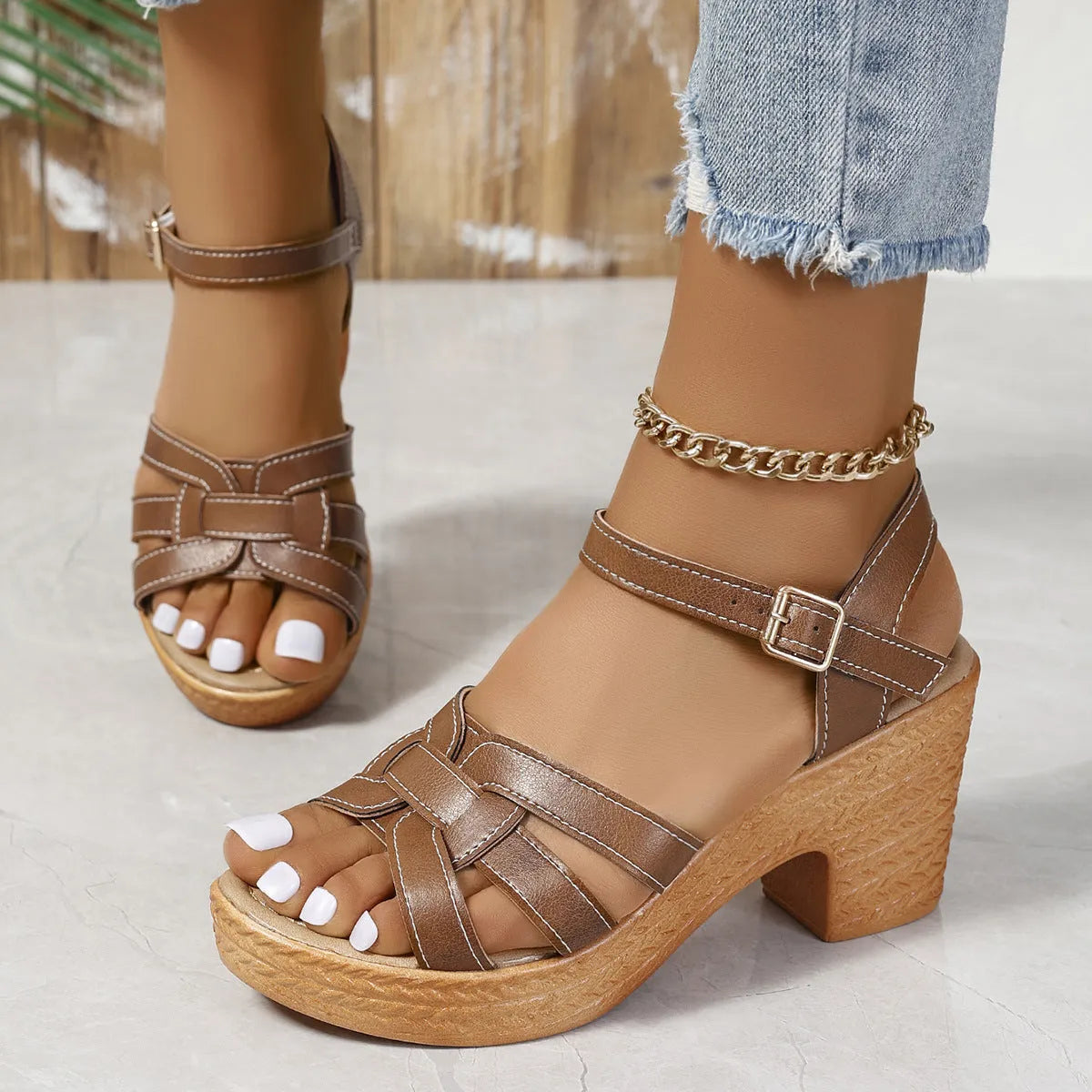 Plus size women's black peep toe sandal with chunky heel and buckle ankle strap.