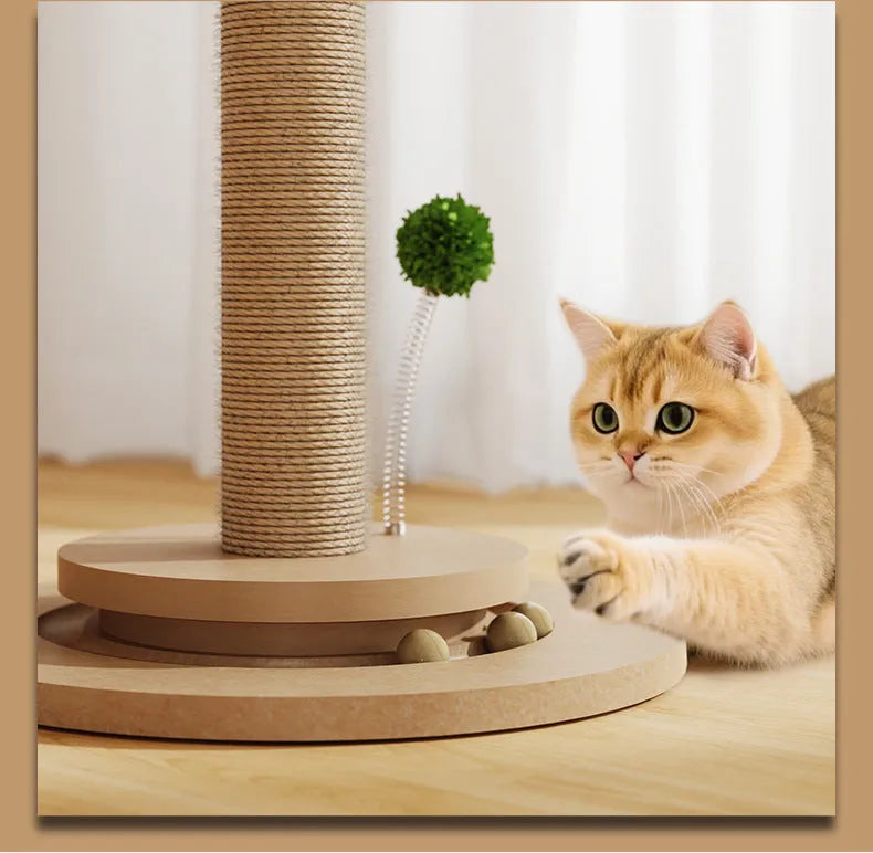 Vertical cat climbing frame with hemp rope posts and a density board platform in a canna colour.