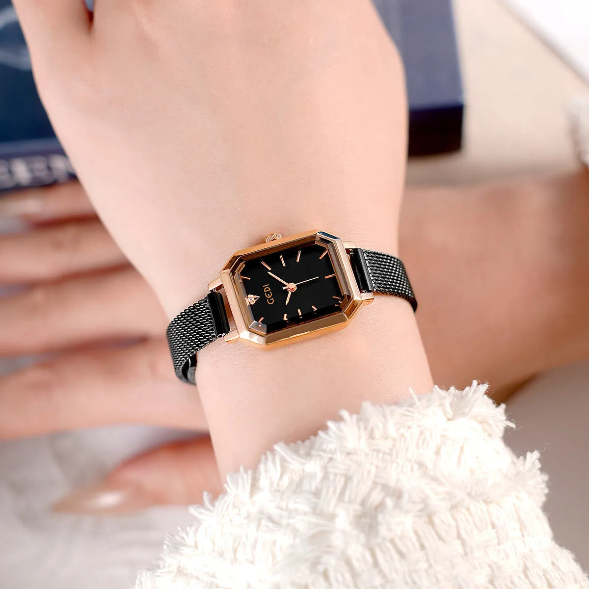 Women's square retro casual watch with rose shell available in six dial colour options