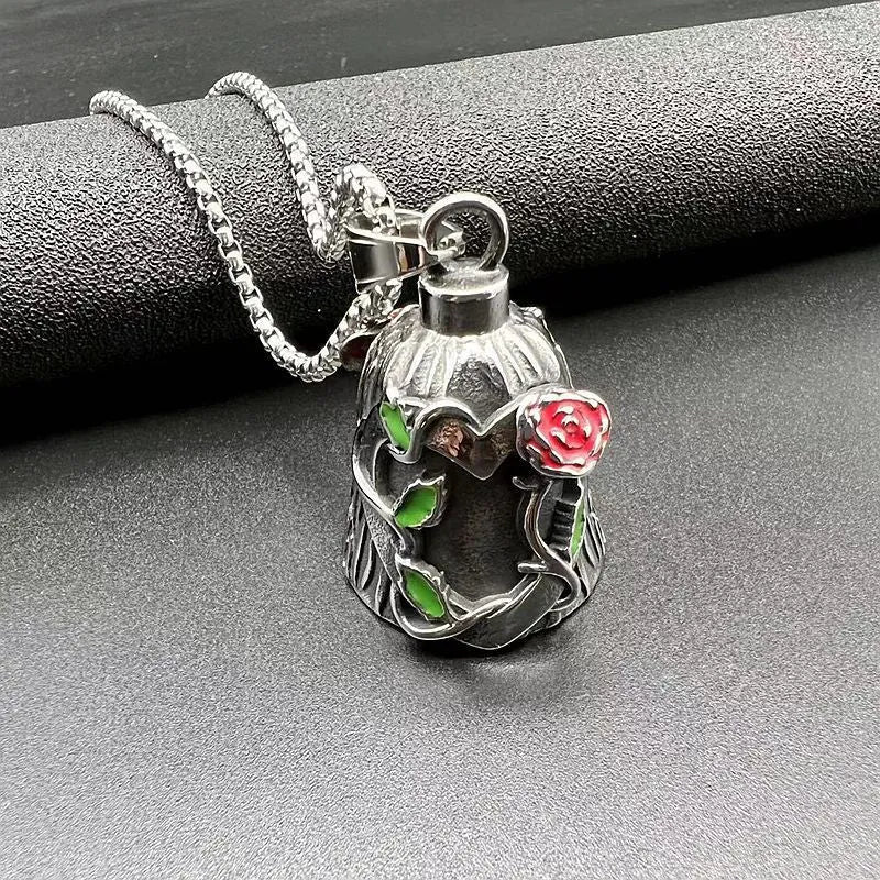 Titanium steel motorcycle lucky bell with polished vintage finish and double-sided epoxy rose design