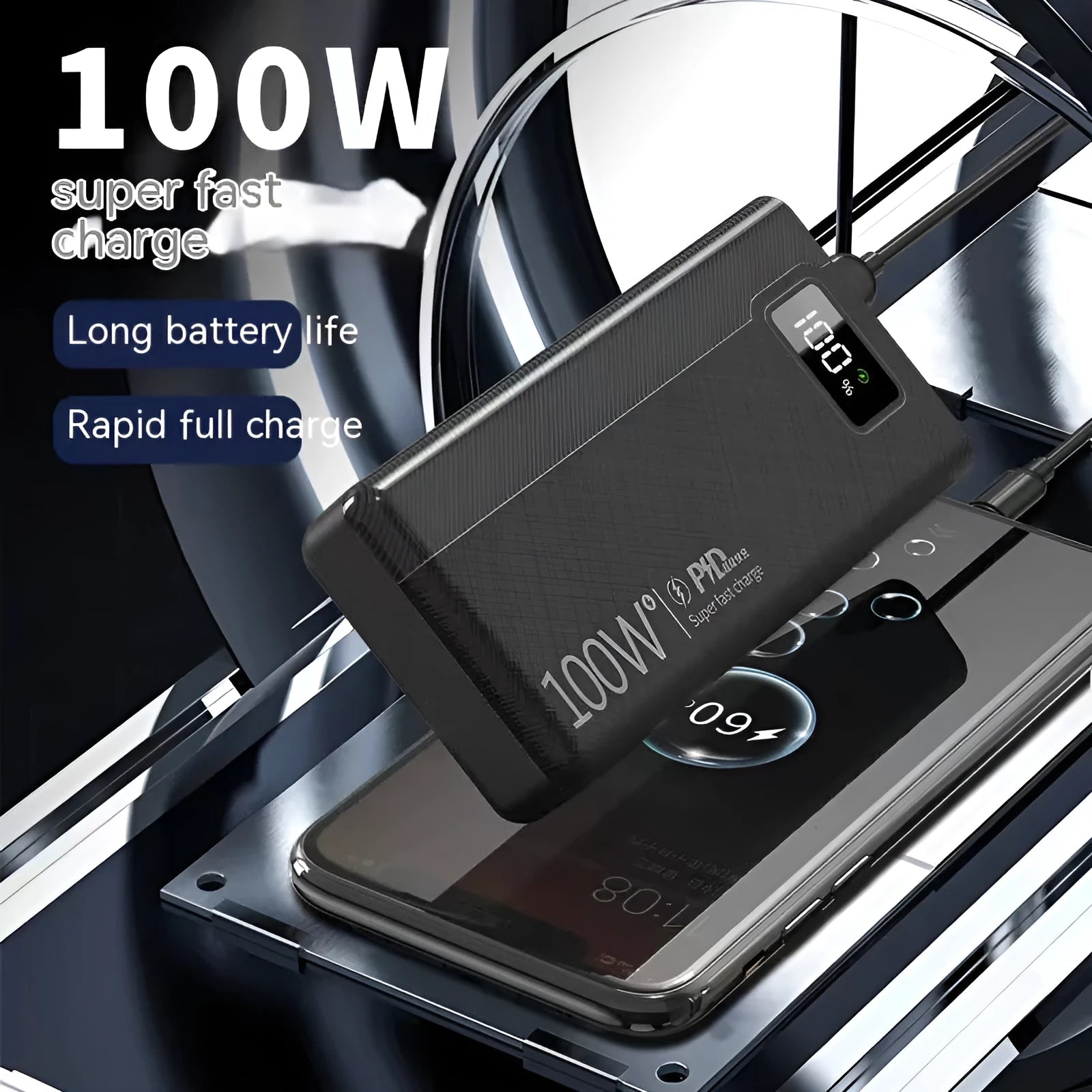 Large capacity power bank in black plastic shell showing compact rectangular design with charging ports