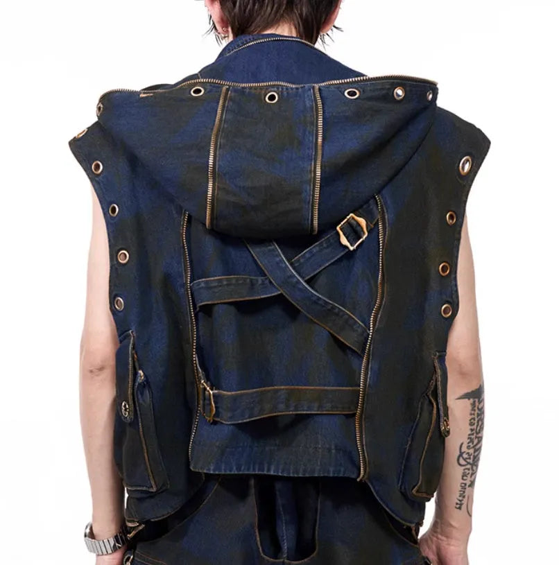 Blue hooded denim vest coat with matching trousers Korean style two-piece set