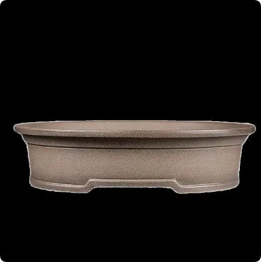 Handmade antique oval purple sand ceramic bonsai pot measuring 25cm long by 21cm wide by 6.3cm high