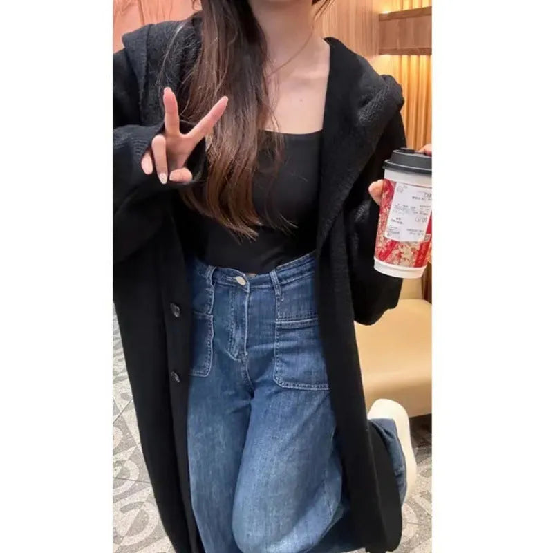 Women's Korean style hooded long knitted cardigan below knee length loose fit