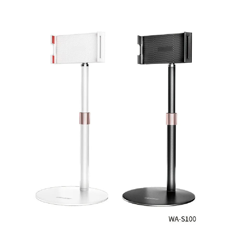Black and white lifting metal bracket for an 11-inch tablet, showing telescopic arm extended.