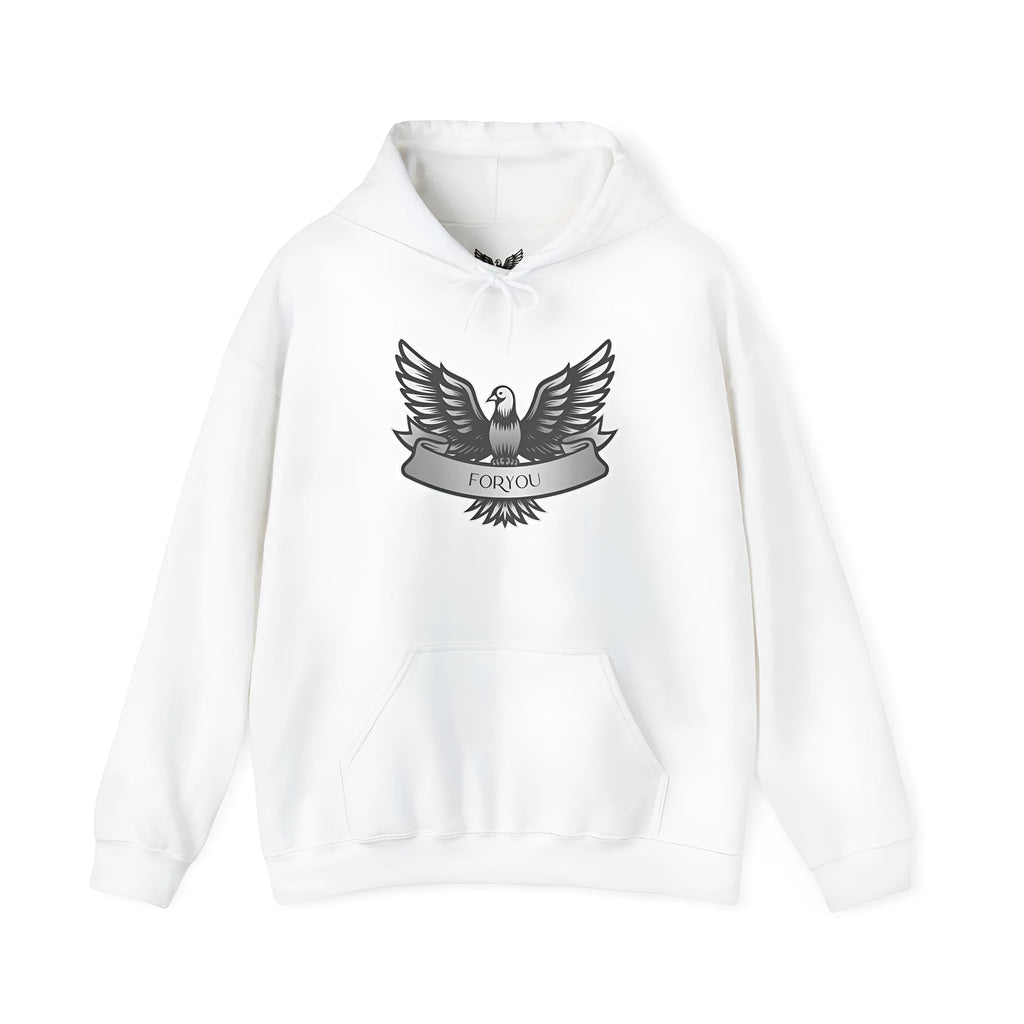 A white unisex cotton blend pullover hoodie with a hood and long sleeves.