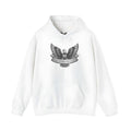A white unisex cotton blend pullover hoodie with a hood and long sleeves.
