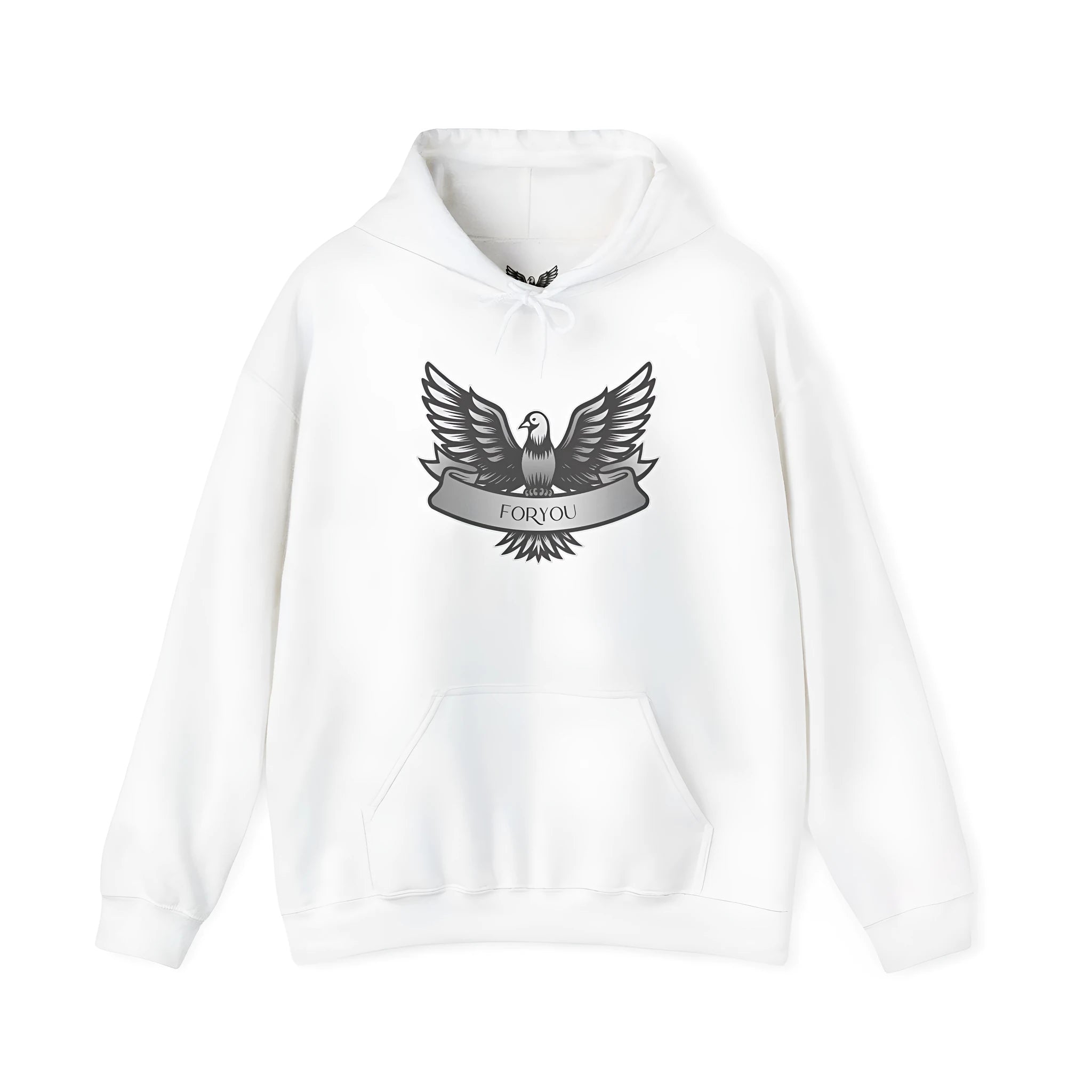 A white unisex cotton blend pullover hoodie with a hood and long sleeves.