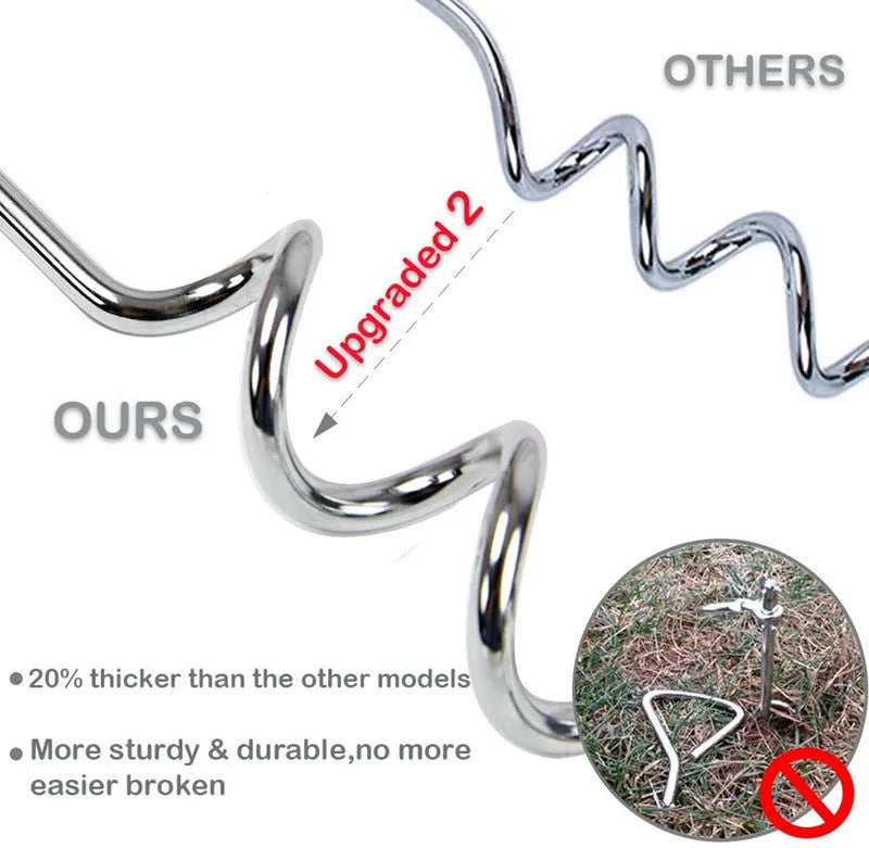 Silver spiral dog tie out stake made of steel for secure outdoor tethering in gardens and campsites