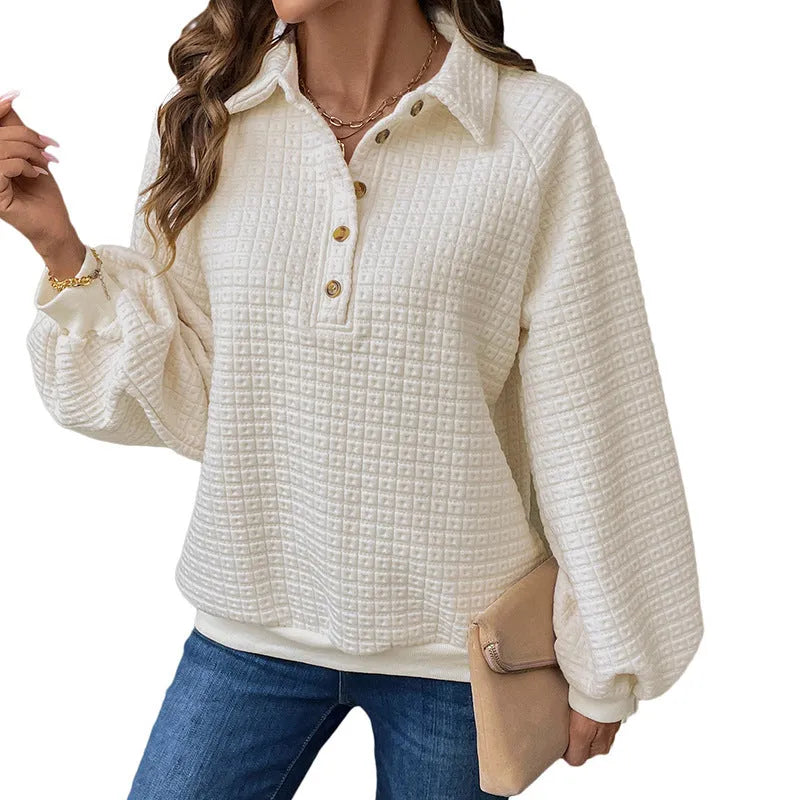 Women's Milky White textured polo collar sweater laid flat, showing long sleeves and thickened knit fabric.